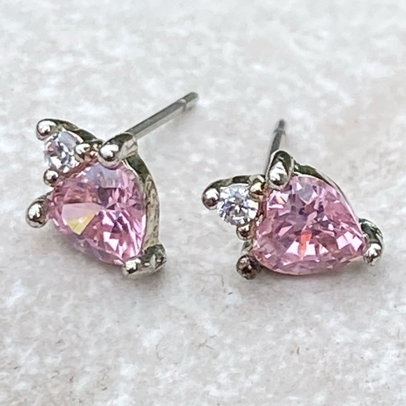 SOLD Pink Crystal Topaz heart stud earrings with white cz accent antiqued silver - Picture 5 of 9